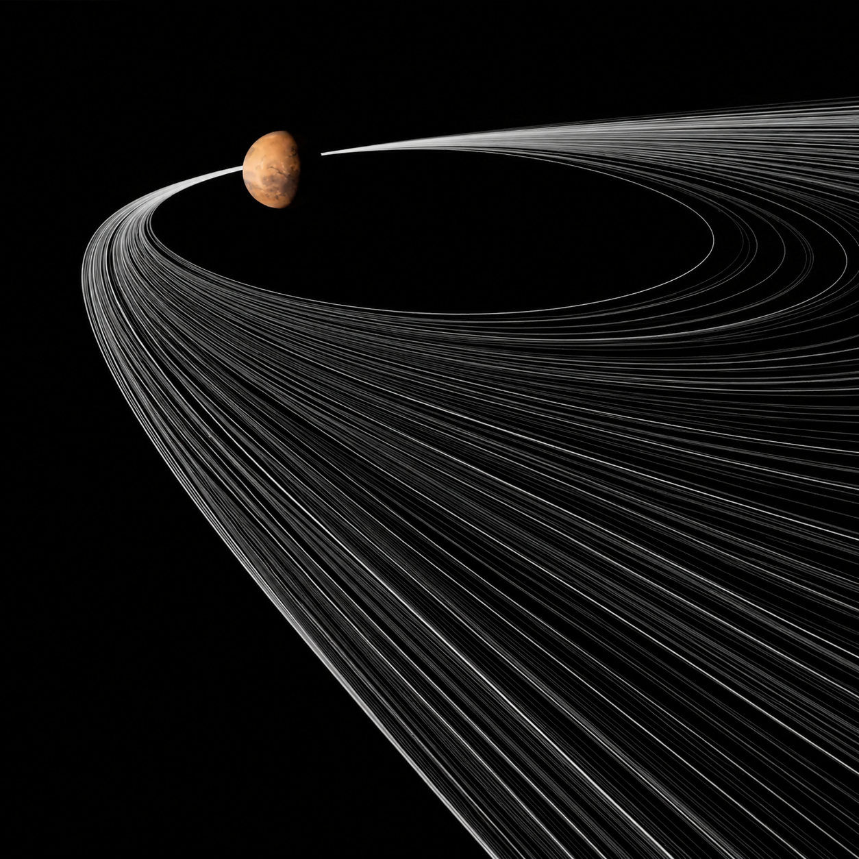 Mars surrounded by sweeping orbital trajectories